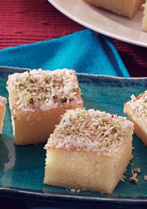 A picture of Basbousa with Yogurt.