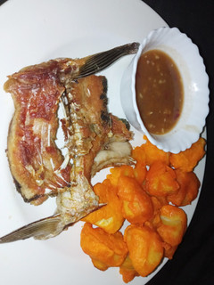 A picture of Viazi karai with ukwaju sauce.