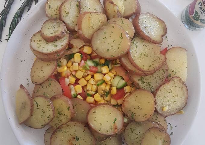 Roast potatoes with corn salad
