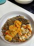 Fried Buffalo Shrimp over Quinoa with Sautéed Mushrooms and Cauliflower