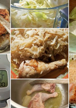 A picture of Chicken Thighs, Rice, and Cabbage in a Pressure Cooker.