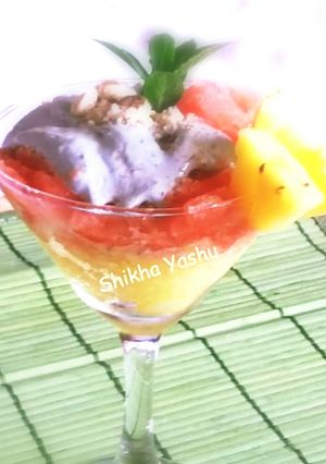 A picture of Pineapple watermelon Sorbet with blackberry Parfait.