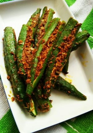 A picture of Stuffed Okra/Bhindi.