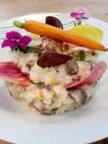Risotto aux Ris de Veau forestier Carottes rôties Pickles de légumes et Chips de Vitelotte