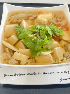 A picture of Steam Golden Needle Mushroom with Egg Tofu.