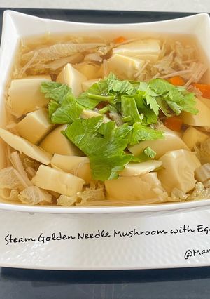A picture of Steam Golden Needle Mushroom with Egg Tofu.