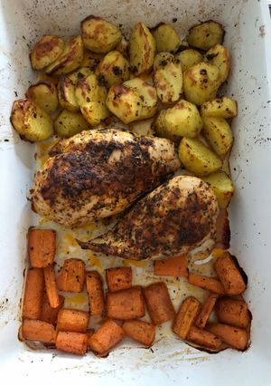 A picture of Sheet Pan Chicken with Potatoes and Carrots.