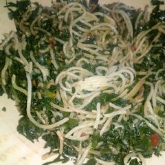 A picture of Leftover kales and spaghetti.