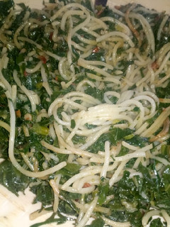 A picture of Leftover kales and spaghetti.