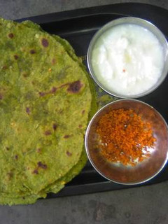 A picture of Methi Paratha With Ground Chutney & Butter Milk.