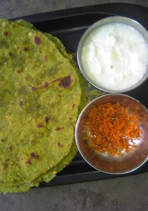 A picture of Methi Paratha With Ground Chutney & Butter Milk.