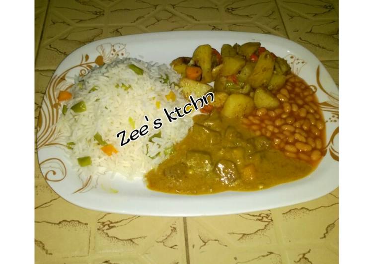 My Favorite Basmati rice,baked potato, chicken curry soup wit baked beans