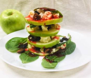 Fresh, Cooking Recipe Green Apple Salad with cheese dry fruits and strawberry sauce Restaurant Style