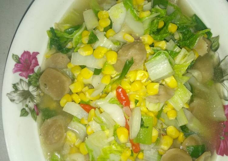 Tumis sawi,jagung manis dan bakso