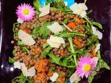 Spiced sweet potato, puy lentil and rocket with honey and parmesan cheese