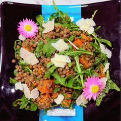Spiced sweet potato, puy lentil and rocket with honey and parmesan cheese A picture of Spiced sweet potato, puy lentil and rocket with honey and parmesan cheese.