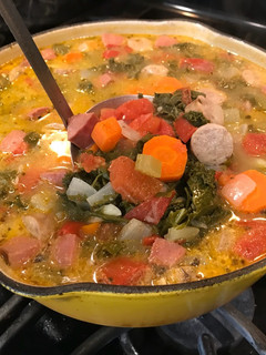 A picture of Kale, Sausage & Leftover Mashed Potato Soup.