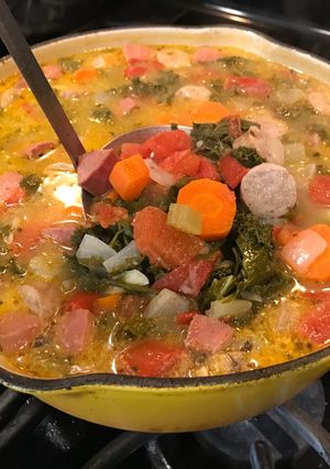 A picture of Kale, Sausage & Leftover Mashed Potato Soup.