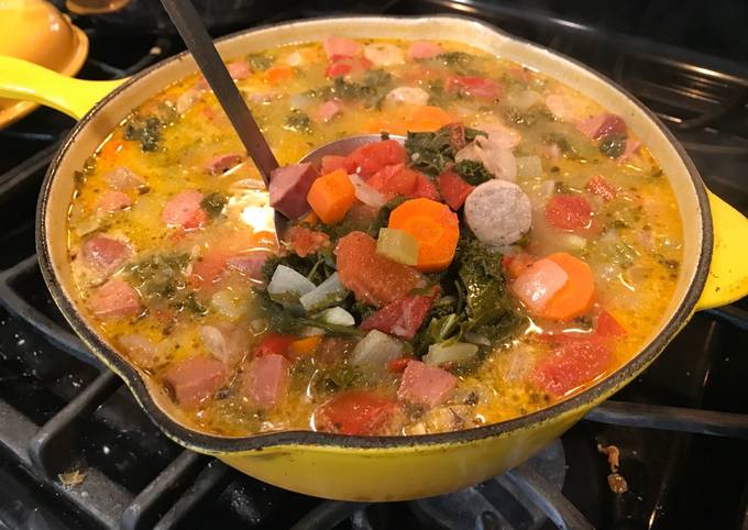Steps to Prepare Gordon Ramsay Kale, Sausage &amp; Leftover Mashed Potato Soup