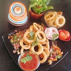 Garlic potato rings and Garlic tomato chutney A picture of Garlic potato rings and Garlic tomato chutney.