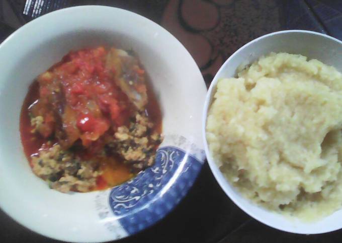 EBA and Egusi with fish and ponmo