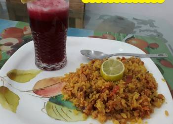 Easiest Way to Recipe Yummy Tomato and Onion Poha with Energy booster Beetroot Tomato Ginger juice