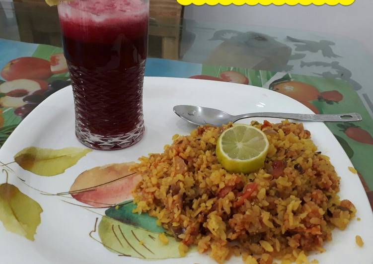 Tomato and Onion Poha with Energy booster Beetroot Tomato Ginger juice