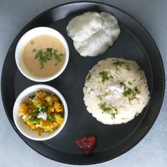 Upwas platter / Barnyard millet, peanut curry and Pumpkin curry A picture of Upwas platter / Barnyard millet, peanut curry and Pumpkin curry.