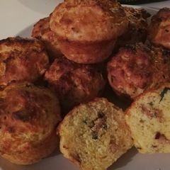 A picture of Cheesy bacon & spring onion savoury muffins.