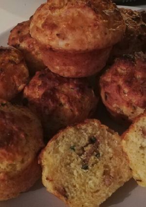 A picture of Cheesy bacon & spring onion savoury muffins.