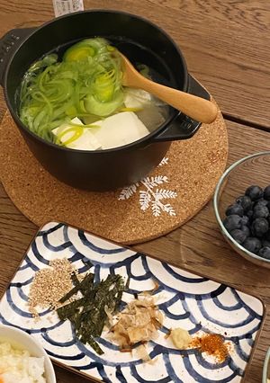 A picture of Yudofu, Japanese silken tofu simmered in konbu dashi - 湯豆腐.