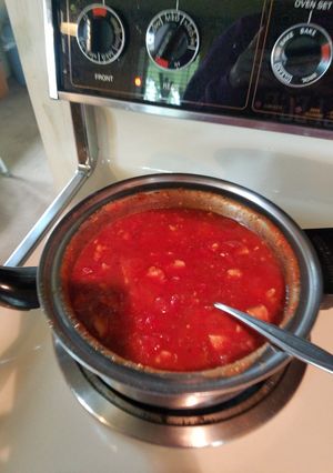 A picture of Chicken and macaroni with "homemade"tomato sauce.