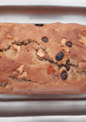 A picture of Whole wheat Banana oats bread with nuts n choco chips.