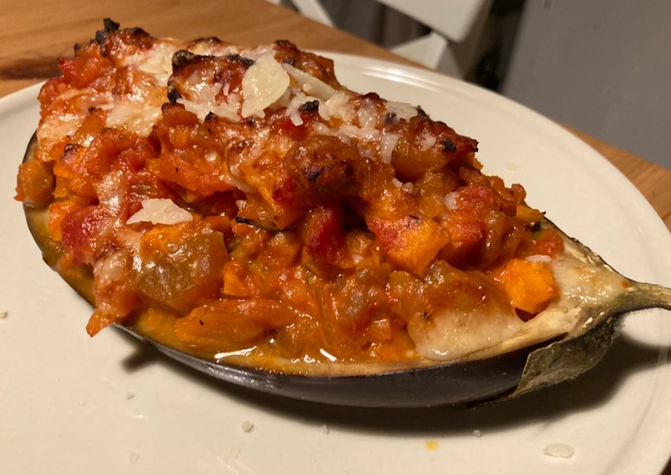 Berenjenas rellenas de batata, zanahoria y queso