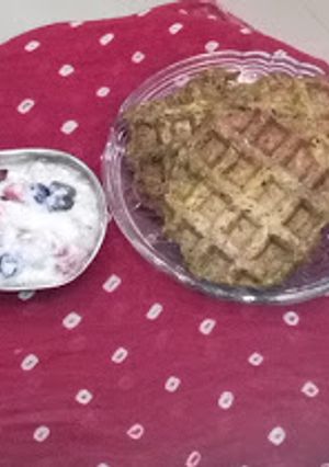 A picture of Nutri Waffles with fruity yoghurt.