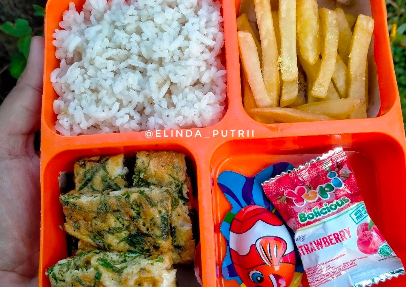 Bekal Anak Sekolah (nasi+telur dadar+kentang goreng+snack)