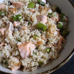 Salmon & Asparagus Butter Soy Sauce Takikomigohan A picture of Salmon & Asparagus Butter Soy Sauce Takikomigohan.