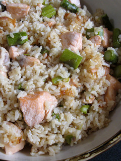 A picture of Salmon & Asparagus Butter Soy Sauce Takikomigohan.