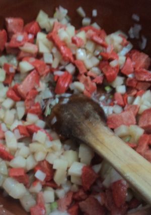 Una foto de Chorizo de pavo con papas a lo ranchero para tacos mamá Tere