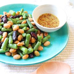 A picture of Japanese vegetable dish, hot salad with beans and soy boiled with rice vinegar.