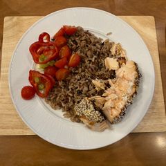 A picture of Salmon with a miso paste and sesame seed crust.