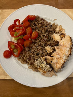 A picture of Salmon with a miso paste and sesame seed crust.