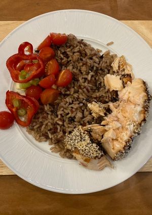A picture of Salmon with a miso paste and sesame seed crust.