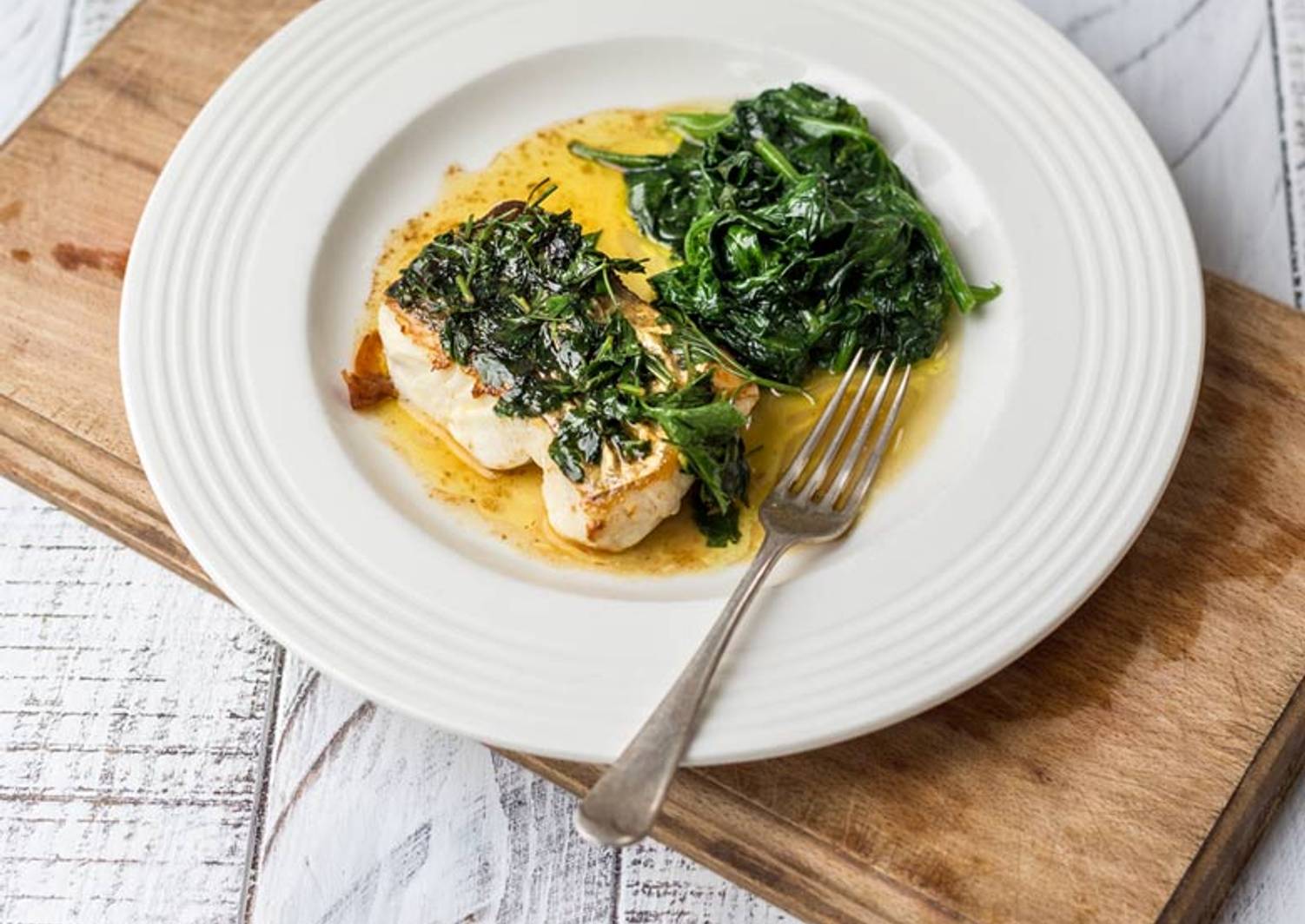 Pan Roasted Hake with black butter sauce and seasonal veg Recipe by