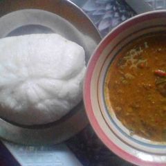 Tuwon rice with groundnut soup A picture of Tuwon rice with groundnut soup.