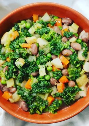 A picture of Minestrone with Borlotti Beans and Purple Turnips.