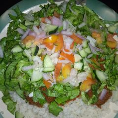A picture of Rice and stew with salad.