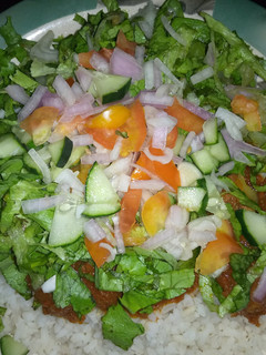 A picture of Rice and stew with salad.