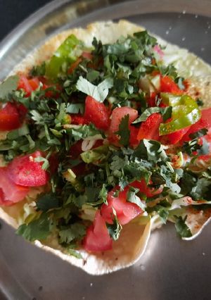 A picture of Masala papad or salad on papad.