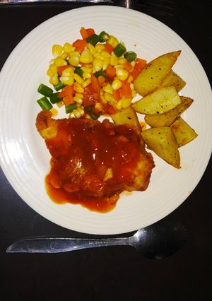 Foto resep Chicken steak crispy with bbq sauce & potato wedges